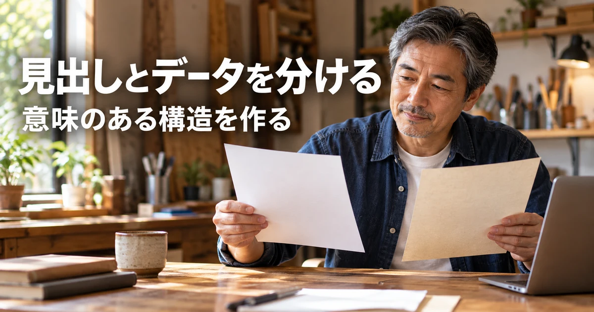 表の見出しとデータの役割を確認する男性の説明用生成画像