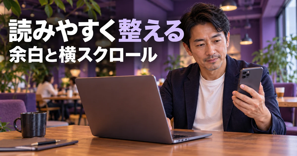 パソコンと小さな画面で表の読みやすさを考える男性の説明用生成画像