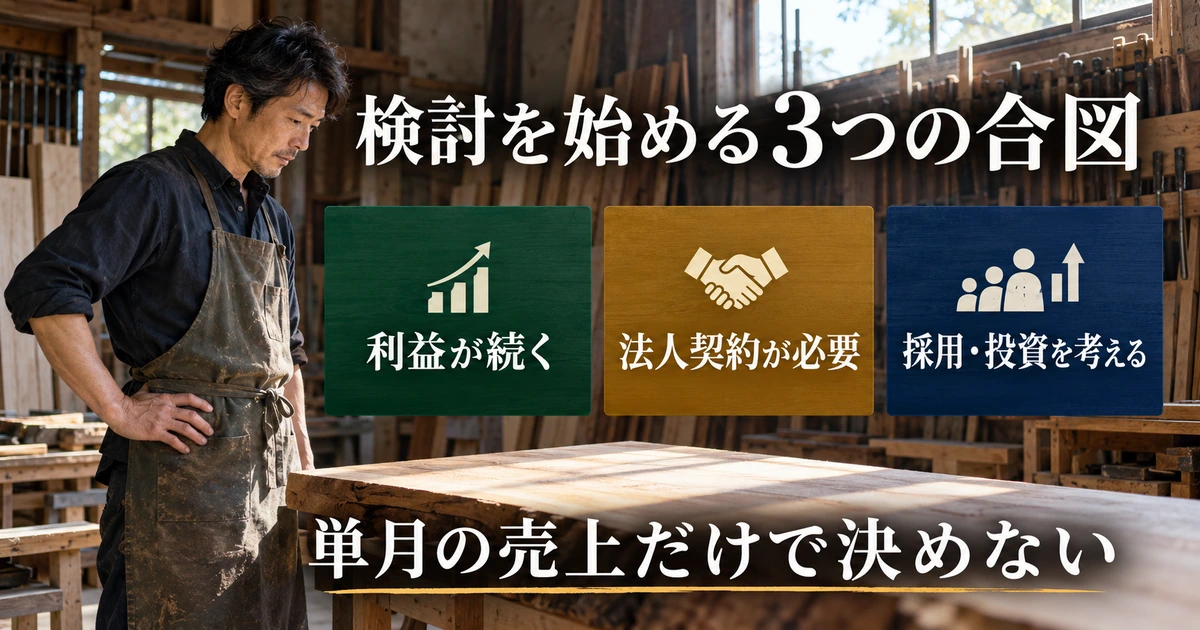 利益の継続、法人契約、採用と投資を法人化検討の合図として整理