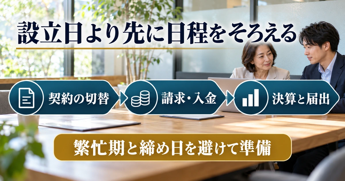 契約の切替、請求と入金、決算と届出の日程を並べる