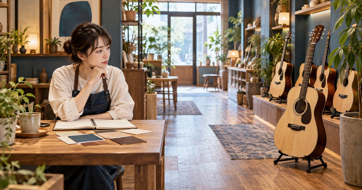 店主が扱う楽器と店内の配置を考える様子