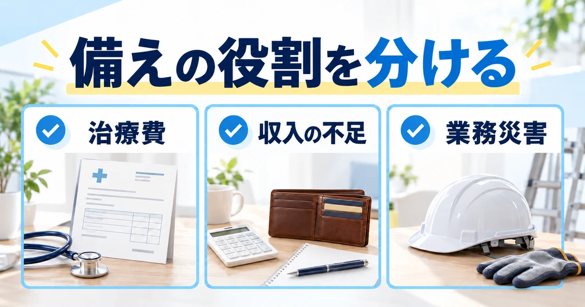 治療費、収入の不足、業務災害への備えを分けて整理する