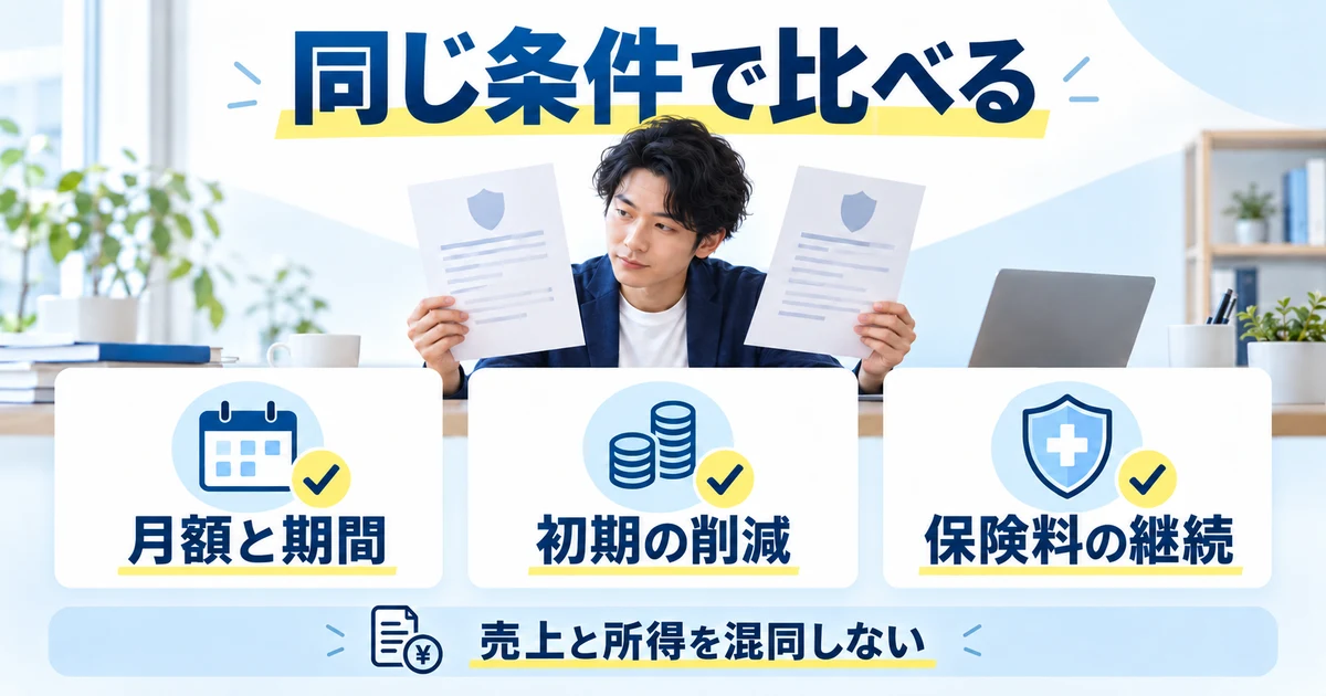 月額と期間、初期の削減、保険料の継続を同じ前提で比較する