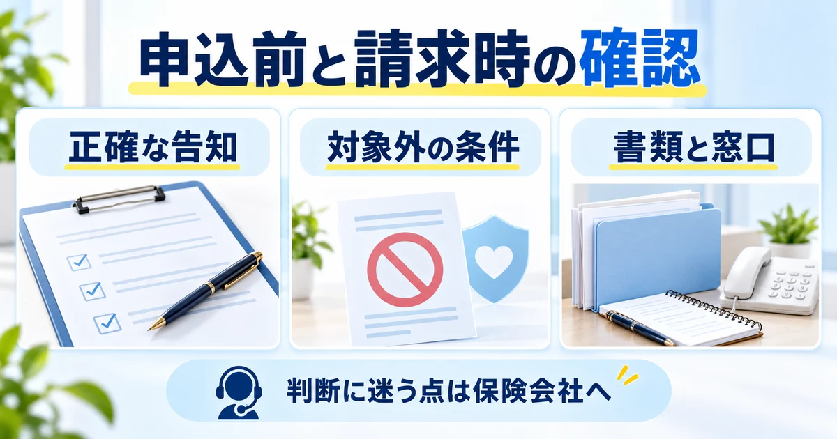 正確な告知、対象外の条件、書類と窓口を申込前と請求時に確認する