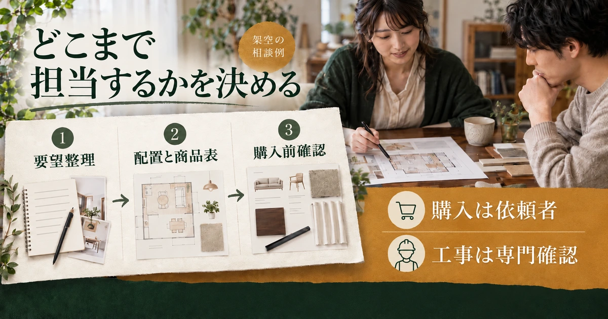 相談、配置案、商品表、購入前確認の担当範囲と、依頼者の購入・工事の専門確認を分けたカード
