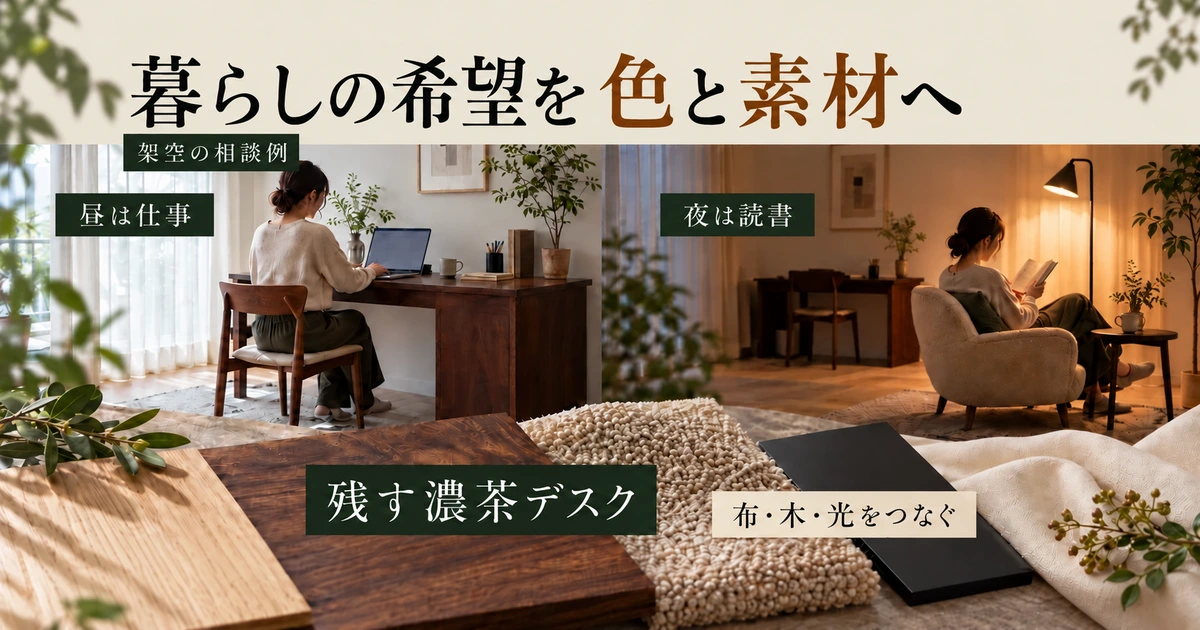 昼の仕事と夜の読書という希望から、濃茶の木、ベージュの布、生成りのカーテンを組み合わせる例