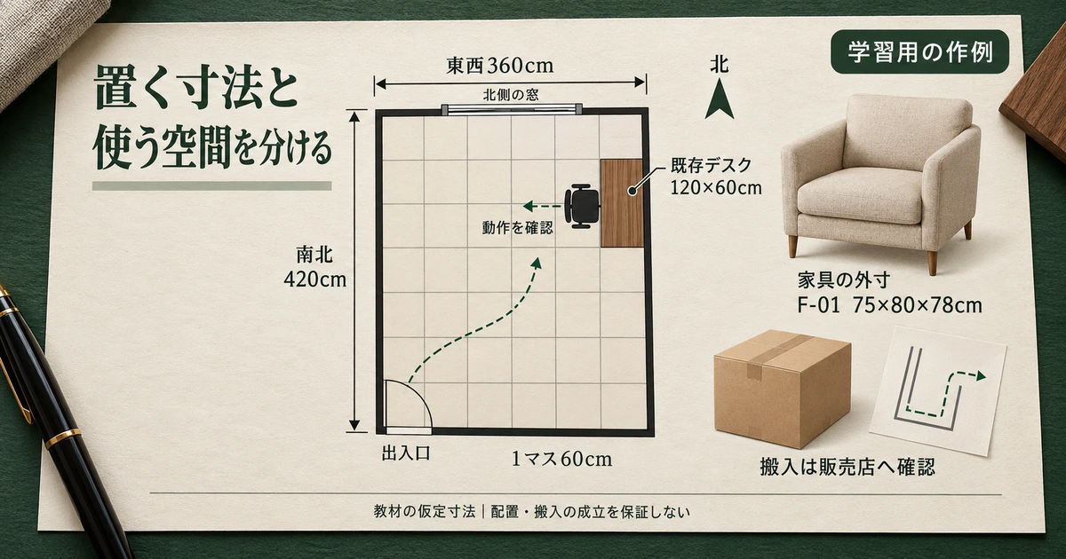 架空の部屋で家具の外寸と椅子を使う動きを分け、搬入経路は別に確認する現況図