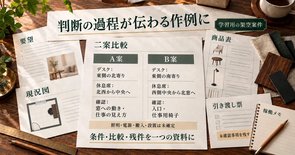 要望、現況確認、A案・B案の条件比較、商品表、引き渡し票をまとめた学習用のインテリア提案資料