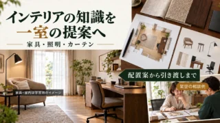 家具・照明・カーテンを組み合わせた架空の一室と、配置案や商品表を作る提案の流れ