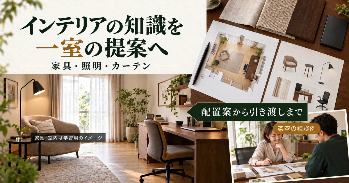 家具・照明・カーテンを組み合わせた架空の一室と、配置案や商品表を作る提案の流れ