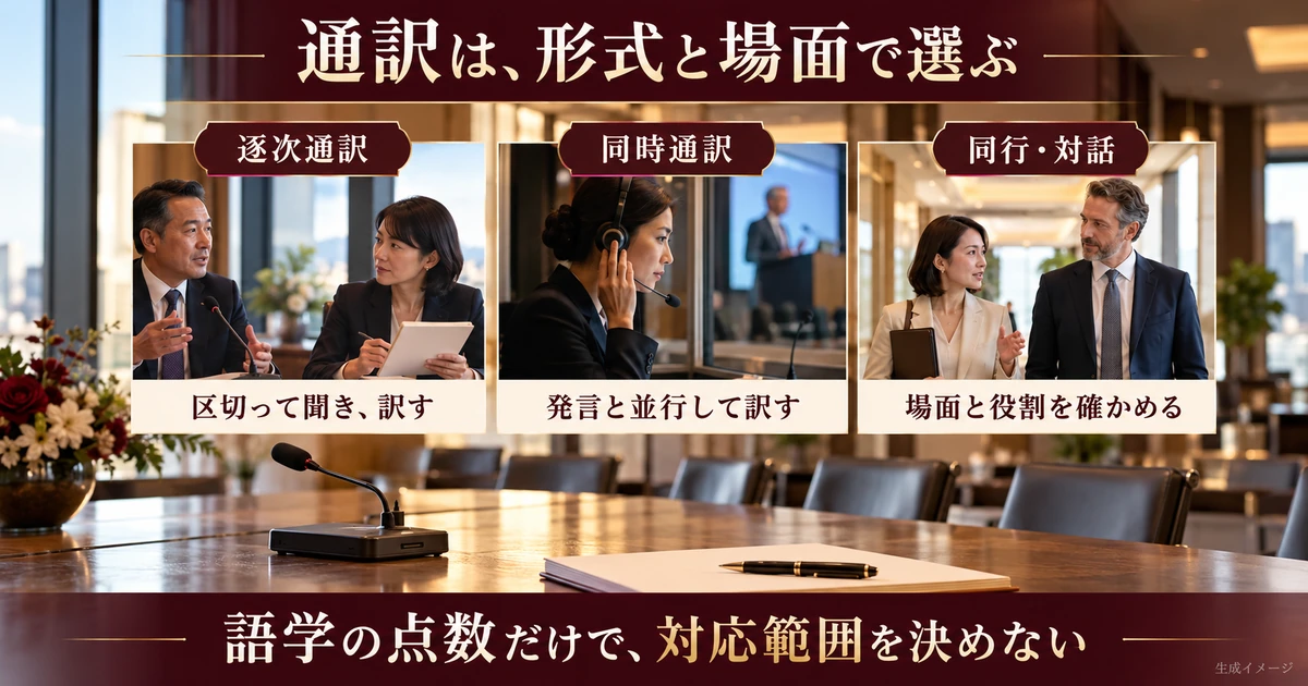 逐次通訳、同時通訳、同行や対話の形式を比較する生成イメージ