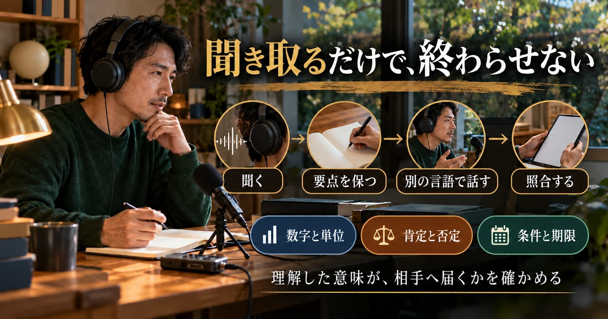 聞く、意味を保持する、話す、照合する通訳練習の生成イメージ