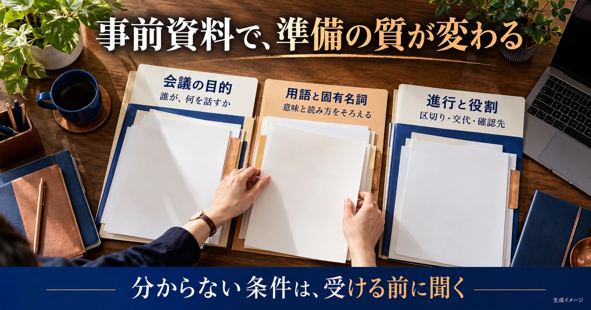 会議の目的、用語と固有名詞、進行と役割の事前資料を整理する生成イメージ