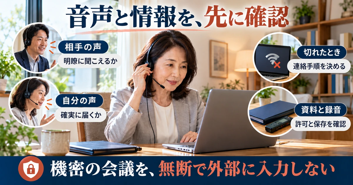 通訳の音声、切断時の連絡、資料と録音の許可を確認する生成イメージ