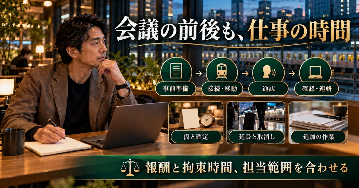 通訳の事前準備から接続や移動、会議後の連絡まで総時間を考える生成イメージ
