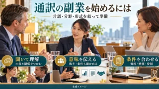 通訳の副業で聞く力、意味を伝える力、条件の確認を準備する生成イメージ