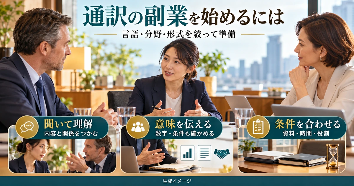 通訳の副業で聞く力、意味を伝える力、条件の確認を準備する生成イメージ