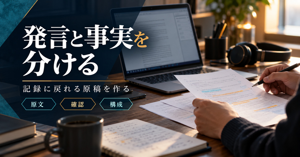 発言と事実を分ける。記録に戻れる原稿を作る。原文・確認・構成の確認ポイント。