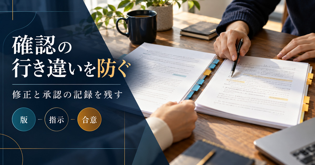 確認の行き違いを防ぐ。修正と承認の記録を残す。版・指示・合意の確認ポイント。