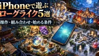 スマートフォンの周囲に武器、防壁、カード、オーブ、迷宮を配したローグライク5作品の選び方のイメージ
