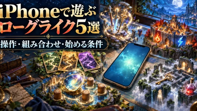 スマートフォンの周囲に武器、防壁、カード、オーブ、迷宮を配したローグライク5作品の選び方のイメージ
