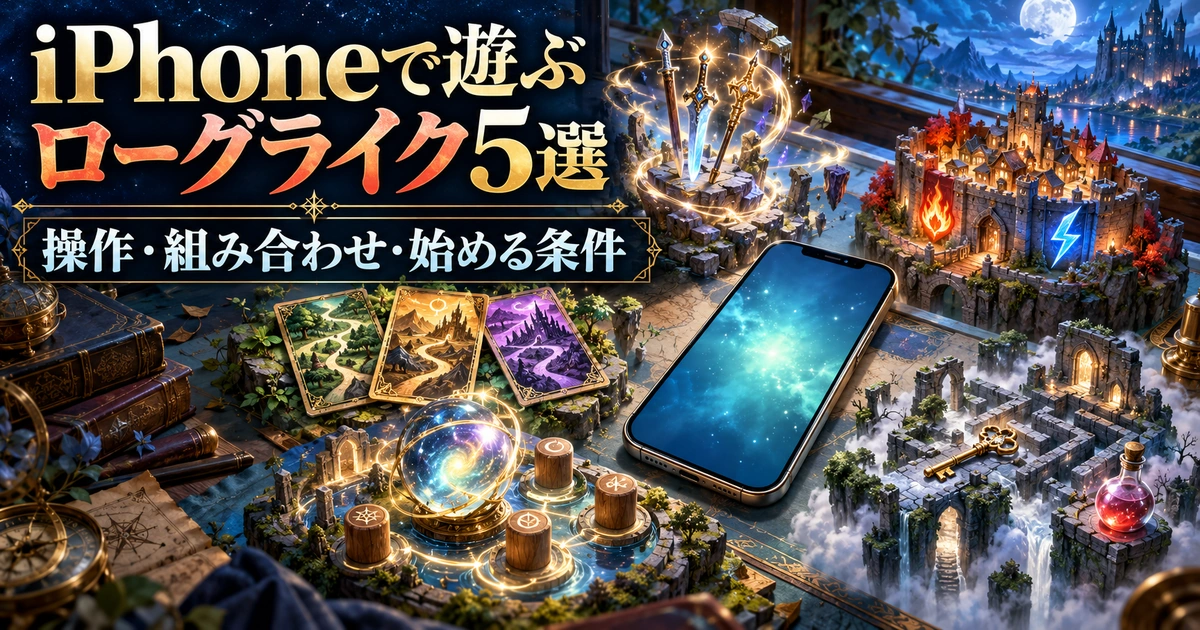 スマートフォンの周囲に武器、防壁、カード、オーブ、迷宮を配したローグライク5作品の選び方のイメージ