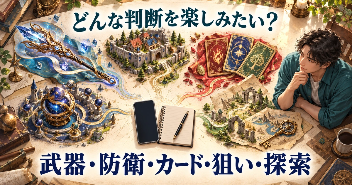 武器、防衛、カード、狙い、探索の五つの判断から好きな遊びを選ぶイメージ