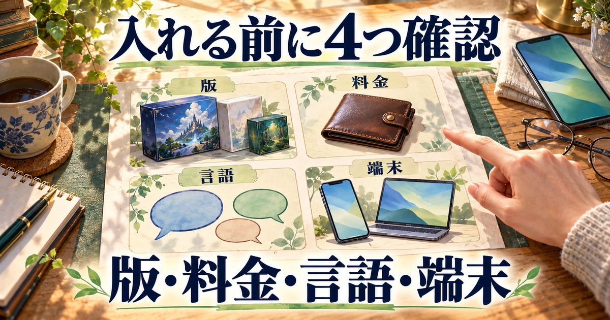 版、料金、言語、端末の四条件をインストール前に確認するチェックシートのイメージ