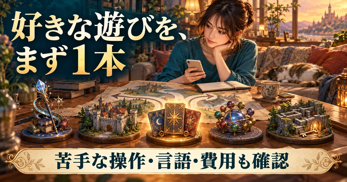 好きな遊びと操作・言語・費用の条件を照合して最初の1本を選ぶイメージ