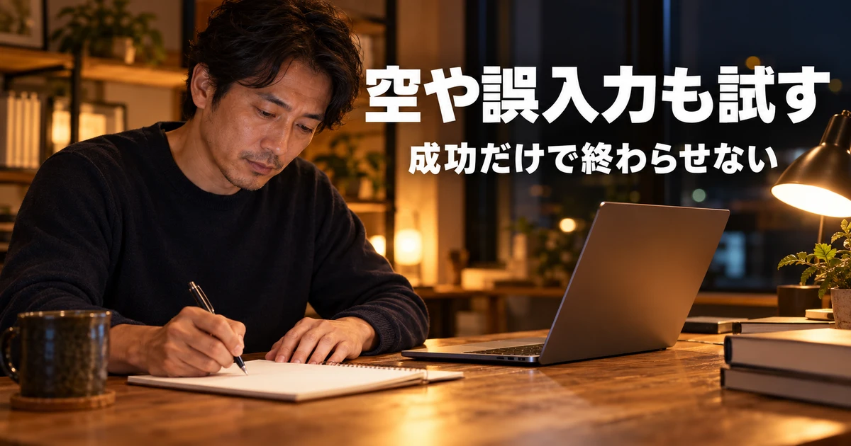 空配列や型違いの結果を確認して記録する男性の説明用生成画像