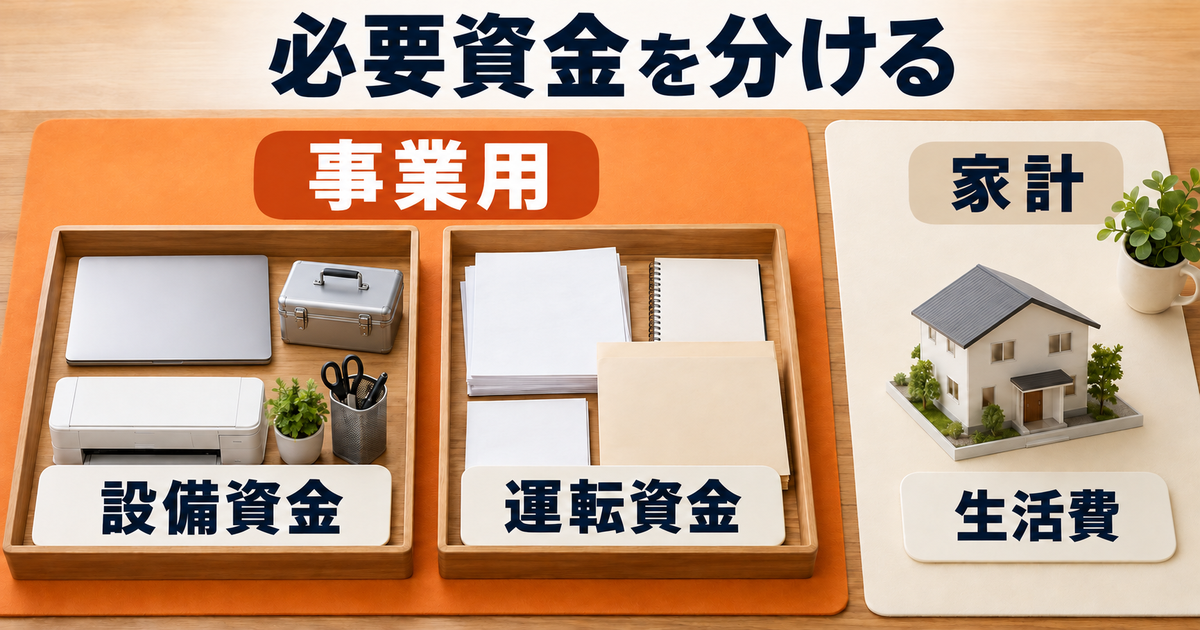 設備資金と運転資金を事業用としてまとめ、生活費は別の家計領域に整理する