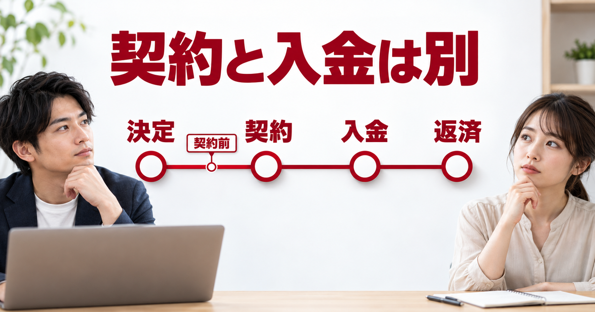 決定、契約、入金、返済を別段階で示し、契約前の確認位置を置く図