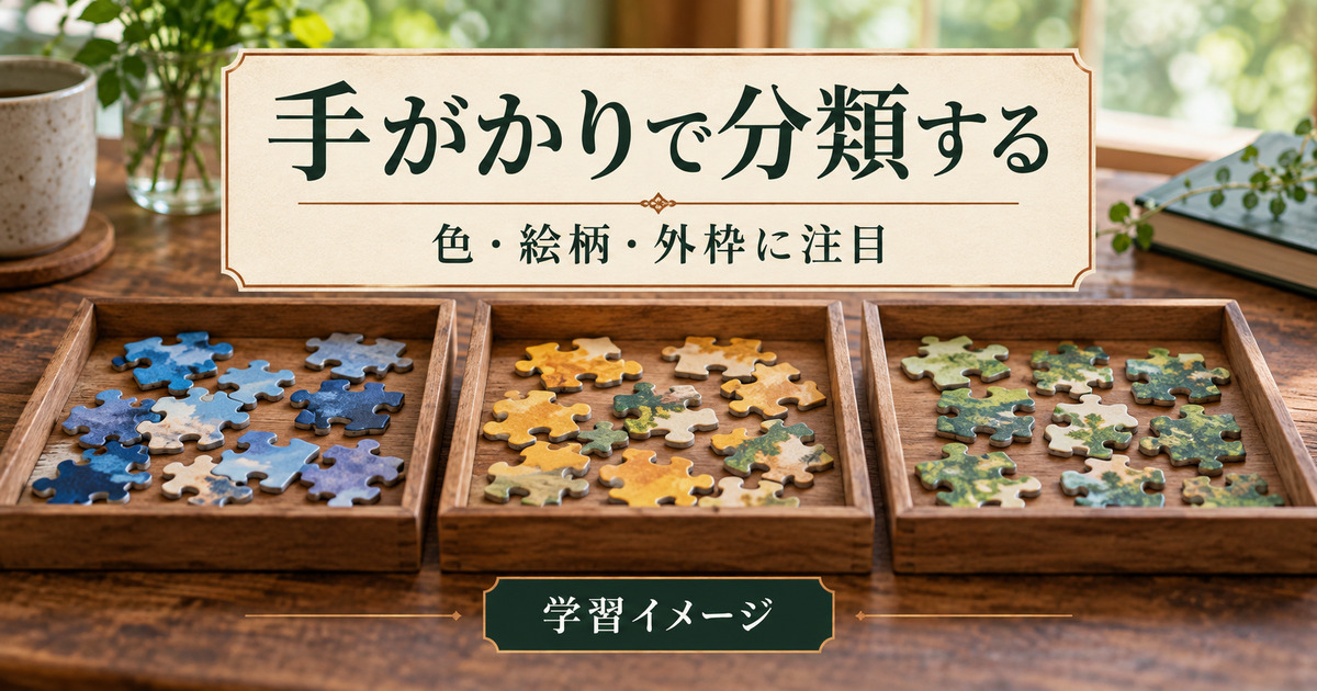 色などの手がかりでピースをトレーに分ける学習イメージ