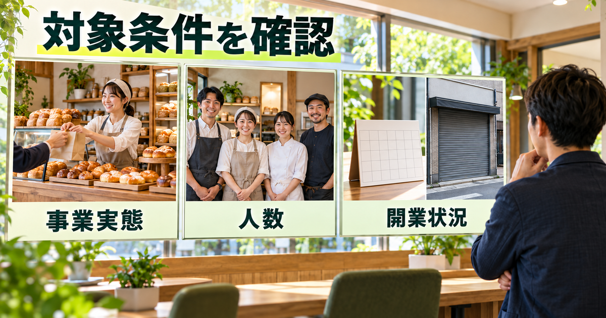 事業実態と人数、開業状況から対象条件を確認する
