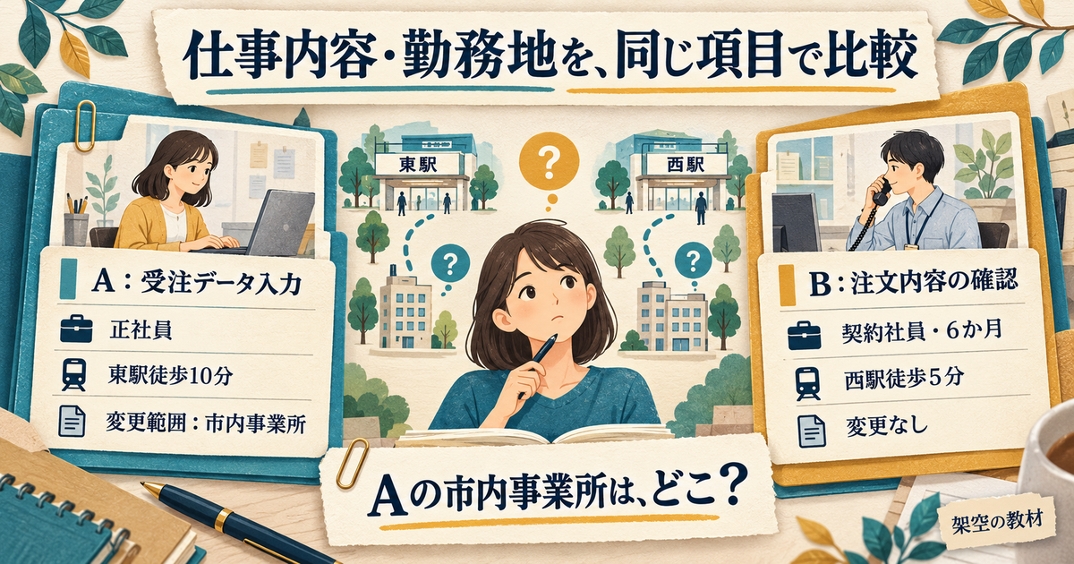 仕事内容・雇用形態・勤務地を同じ列で照合するの教材用概念図