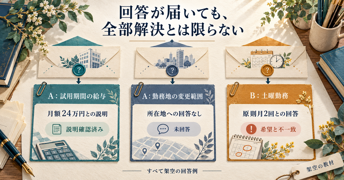 未確認点を質問へ変え、回答後も差分を残すの教材用概念図