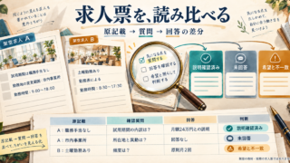 架空の求人AとBを原記載と確認事項に分けて比べる教材の概念図