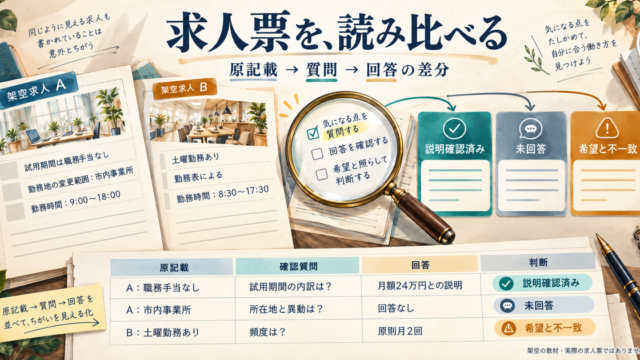 架空の求人AとBを原記載と確認事項に分けて比べる教材の概念図
