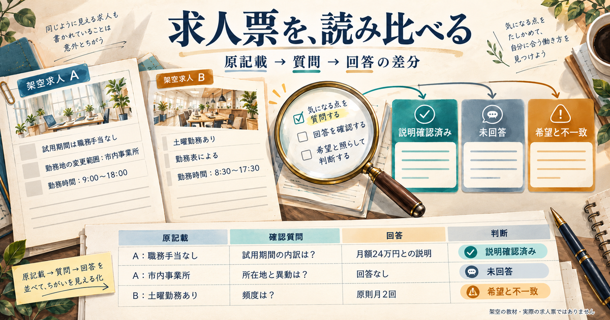 架空の求人AとBを原記載と確認事項に分けて比べる教材の概念図