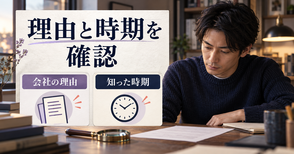 会社が示す取消理由と、その事実を知った時期を資料で確認するイメージ