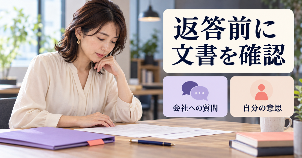 返答や署名の前に、会社への質問と自分の入社意思を確認するイメージ