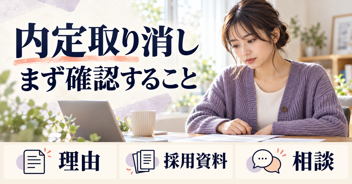 内定取り消しの連絡後に、理由・採用資料・相談先を確認するイメージ