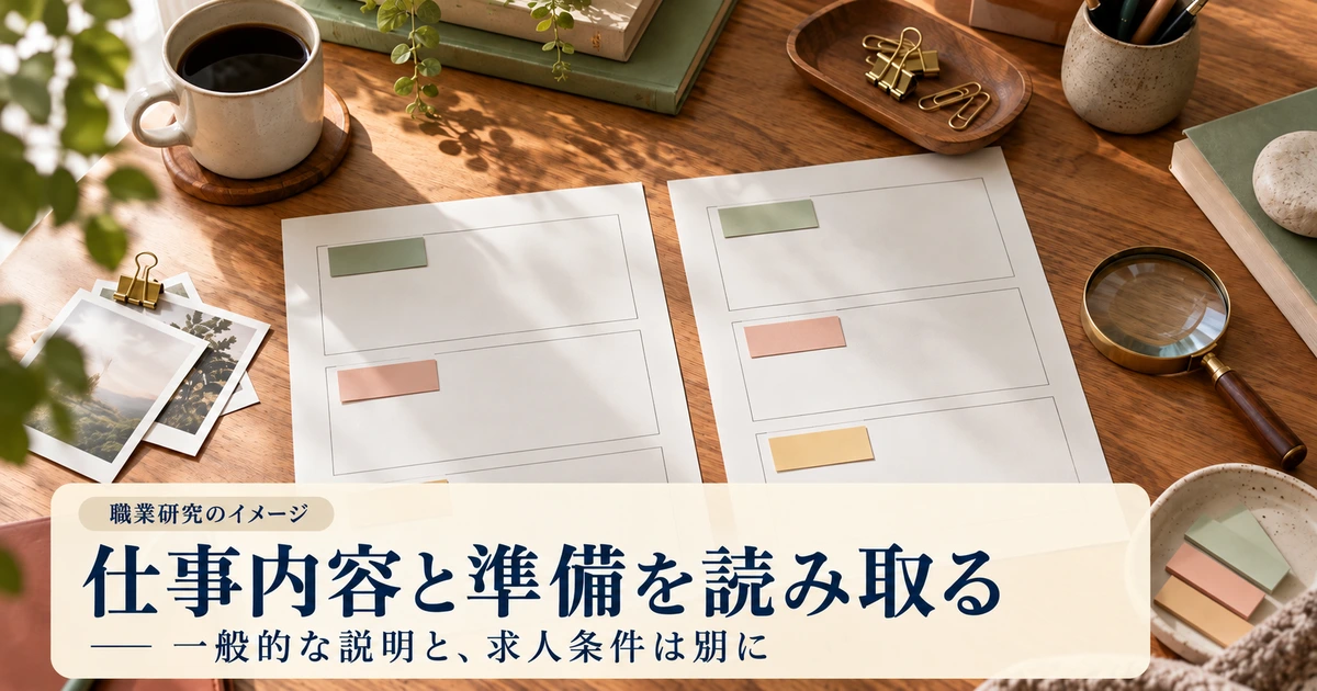 仕事内容と準備と未確認を二枚の資料で比較するイメージ