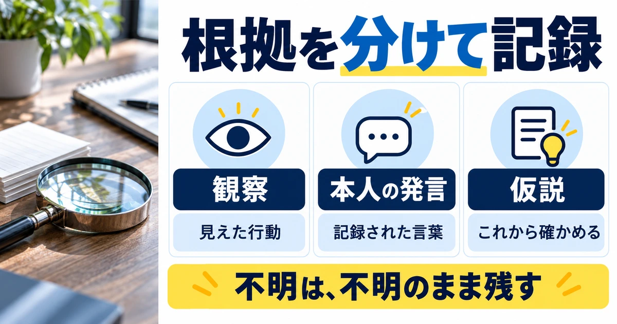 観察、本人の発言、仮説を分け、不明なことは未確認として根拠を記録する