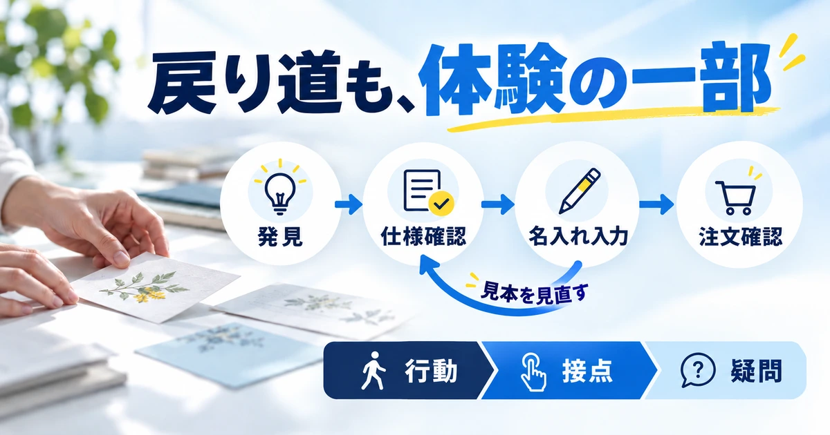 仕様確認から名入れ入力へ進み、見本の確認へ戻る経路も記録する時系列図