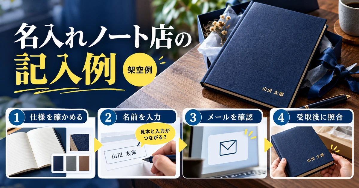 架空の名入れノート店で仕様確認、入力、確認メール、受取をつなげた記入例