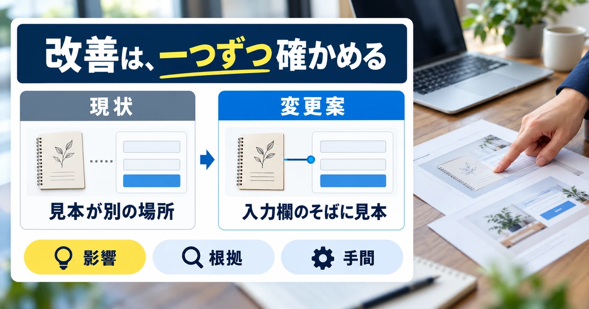 見本が離れている現状と入力欄のそばに見本を置く変更案を分けて比較する
