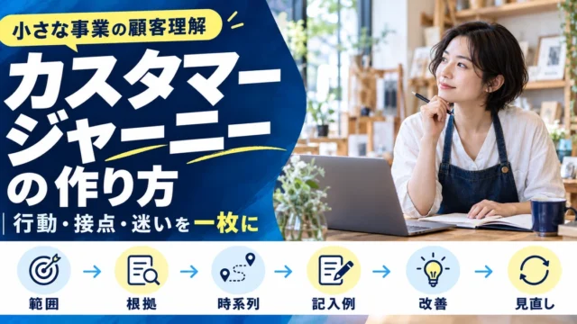 カスタマージャーニーを範囲、根拠、時系列、記入例、改善、見直しの六つの手順で作るイメージ