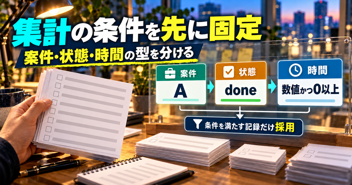 案件A・状態done・時間が数値で0以上という採用条件の図解