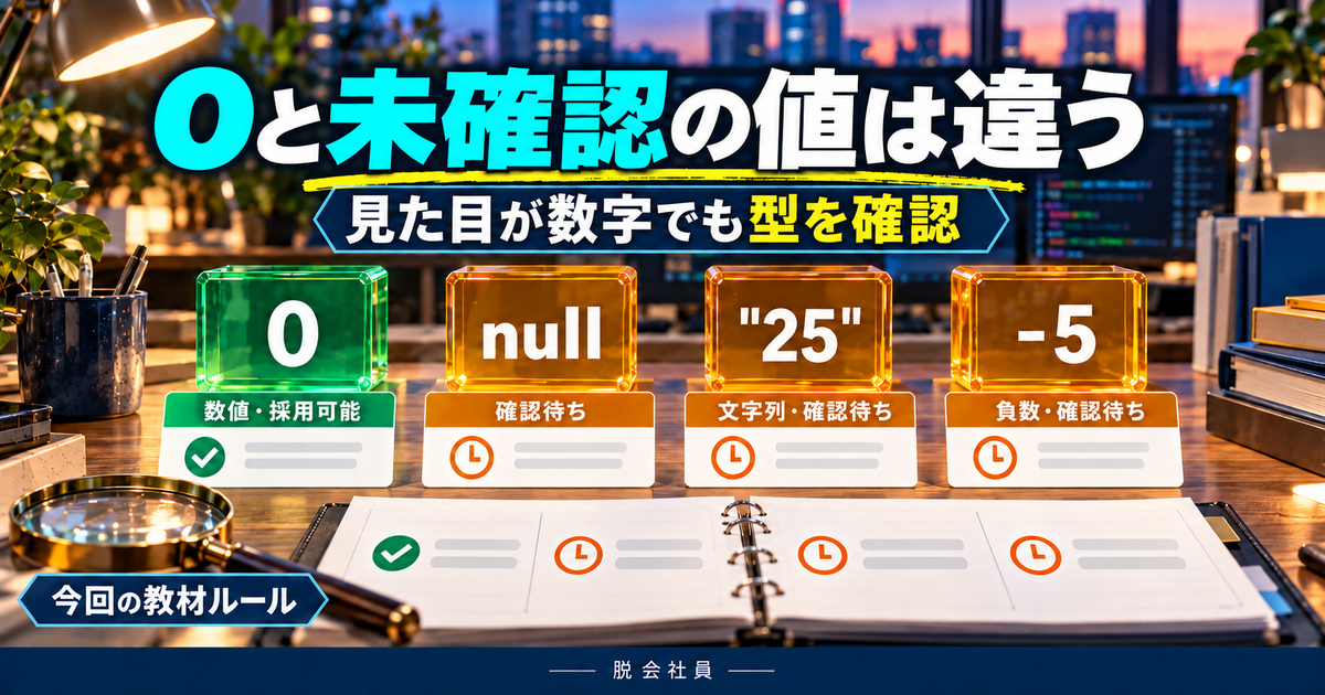 0は採用可能、null・文字列25・負数は今回確認待ちとする型の比較図解